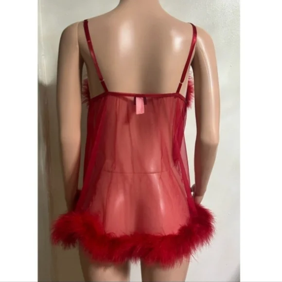 Red Sheer Feather Trim Babydoll - Picture 3 of 8